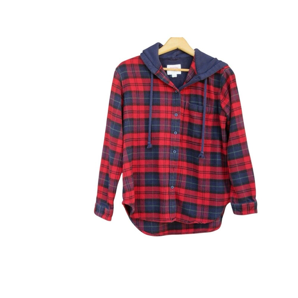 Vintage American Eagle Flannel Button Up Hooded Red Plaid Shacket Size XS Y2K